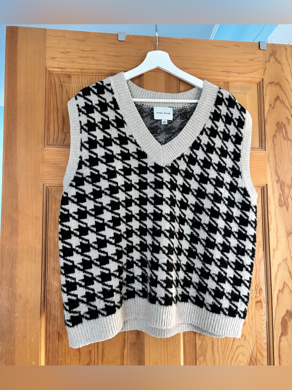 Pink Rose Black & Cream Houndstooth V-Neck Sweater Vest